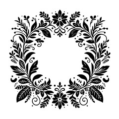 Intricate Black and White Floral Wreath Design Featuring Flowers, Leaves, and Spirals in a Square Composition, Showcasing Elegant Detail and Symmetry.