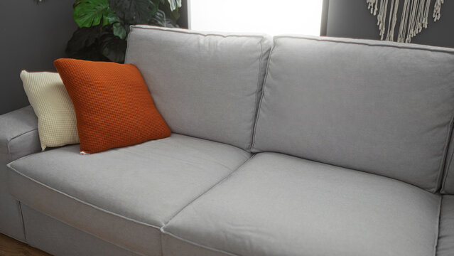 Cozy living room with a grey sofa, vibrant orange pillow, cream pillow, green indoor plant, and boho wall decor