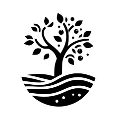 A minimalist black and white tree illustration with leaves, fruit, and a stylized ground, suggesting simplicity and nature.