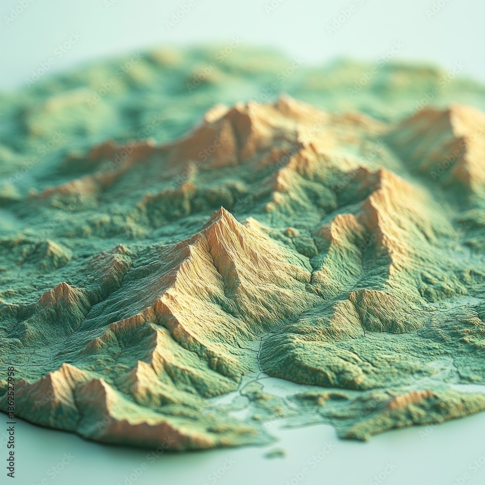Aufkleber Detailed Topographic Map Render: Depiction of Elevated Terrain and Drainage Patterns in Shades of Green and Brown.