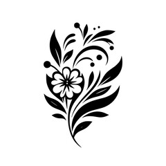 Elegant Black and White Floral Design featuring a stylized flower, leaves, and berries arranged in a symmetrical, decorative composition against a clean white backdrop.