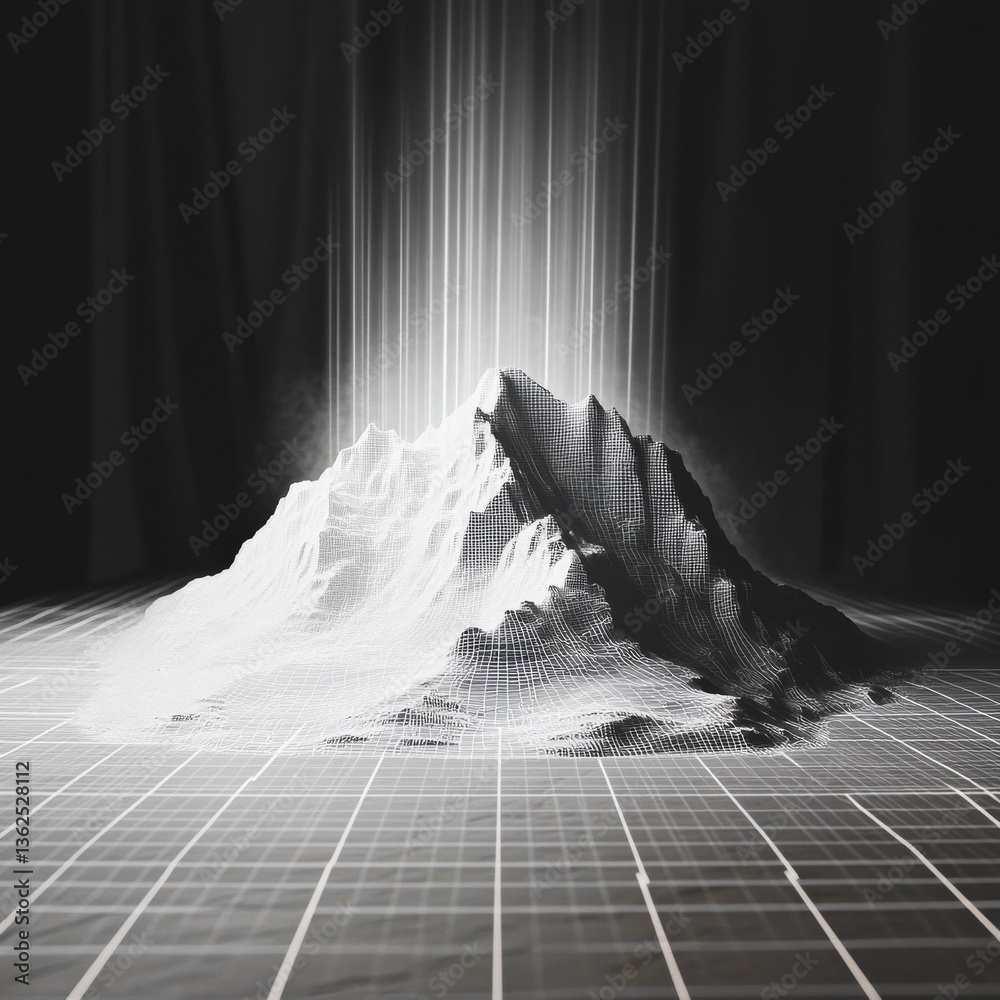 Poster digital landscape: wireframe mountain under light beams in monochrome, representing technology and d