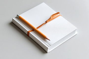 Simple composition with notebook, pencil, and orange string on gray surface