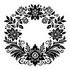 Elegant Black and White Floral Wreath Design, Showcasing Detailed Petals, Leaves, and Swirls Against a Bright White Background.