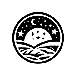 A circular, minimalist black and white illustration depicting a night landscape featuring rolling hills, a crescent moon, stars, and a stylized celestial body, all contained within a border.