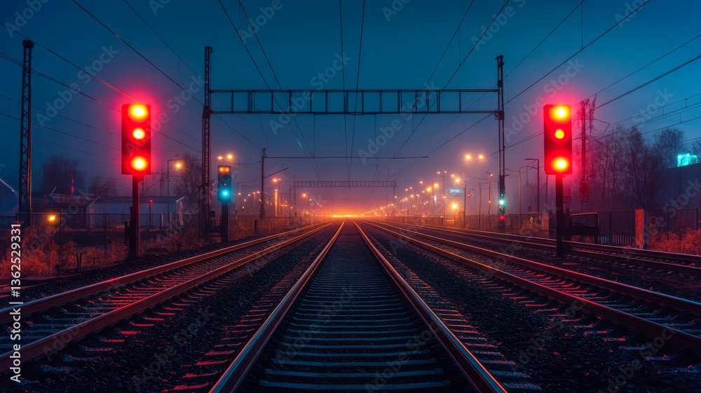 Poster red signals mark the railway tracks at twilight, indicating a halt. the scene highlights the importa