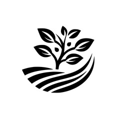 Minimalist Black and White Logo of a Young Plant with Leaves Emerging From Cultivated Soil, Symbolizing Growth and Agriculture.