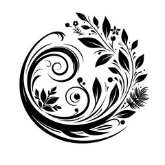 Elegant Black and White Floral Swirl: A Circular Composition of Leaves, Berries, and Spirals Against a Pristine White Background.