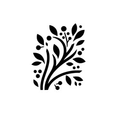 A graphic, symmetrical illustration of a stylized tree, featuring black foliage and berries against a pristine white background, evoking simplicity. © MatandSterre