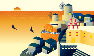 View of the Santorini island in Greece. Vector. With sunset time color scheme.