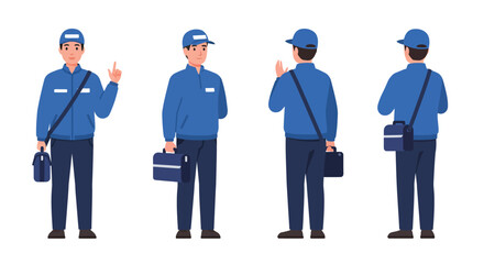 Delivery person in blue uniform showing gesture in flat vector art