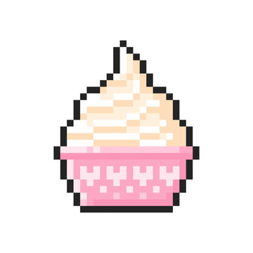 Pixel soft vanilla ice cream in a cup isolated on transparent background. Pixelated badge, game asset or computer arcade item. Frozen yogurt icon. Vector pixel art illustration in 16 bit old style.