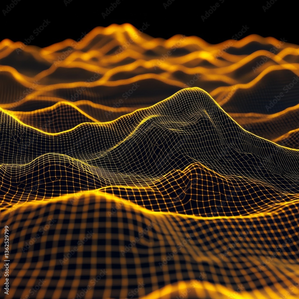 Leinwandbilder Golden Grid Waves: Abstract Digital Landscape with Glowing Lines and Undulating Forms on a Black Background