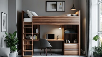 Compact bunk bed with a desk underneath, combining sleeping space and workspace, against a neutral grey background for a modern vibe