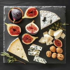 Gourmet vegan cheese board featuring figs and walnuts on a slate background for restaurant-style dining