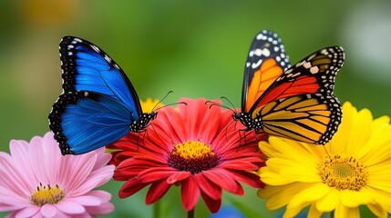 Naklejka premium Colorful Butterflies on Vibrant Flowers in Natural Setting