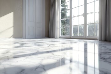 Fototapeta premium Brightly Lit Room with Marble Floor, Neutral Walls, Window, and White Door Shut