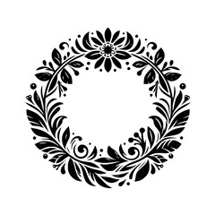 Intricate Black Floral Wreath Design on White Background: A symmetrical, detailed botanical illustration featuring leaves, flowers, and flourishes, creating a decorative border.