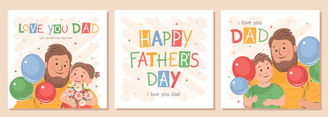 Happy Fathers Day card set. Vector cute illustration of dad with children. Drawings Father's Day with holiday wishes for postcards, posters,  banner.