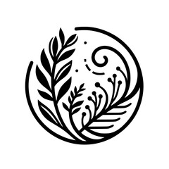 A minimalist, botanical illustration, enclosed in a circle, featuring stylized leaves, berries, and swirling details, against a clean white background, evoking tranquility.
