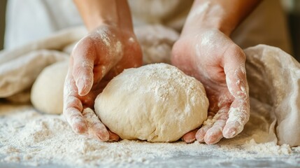 Fototapeta premium Dough resting under gentle hands, soft folds of flour-dusted fabric visible in the background