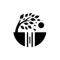 A minimalist black and white logo design featuring a tree with leaves, a sun, and an abstract geometric shape.