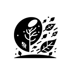 Abstract black and white minimalist illustration of a tree within a stylized oval, with falling leaves and dots on a white background, evoking a sense of nature and design.