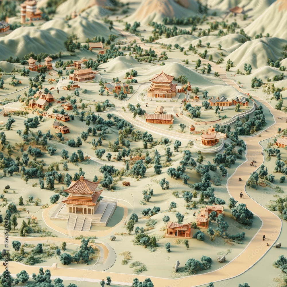 Poster miniature landscape with traditional chinese architecture and winding roads, featuring trees and hil
