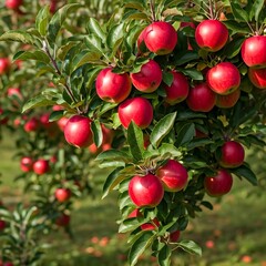 Obraz premium A bountiful apple orchard in early autumn, with the first red apples glistening under the sun, AI Generated