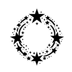 Elegant Starburst Wreath on White: A Black and White Circular Composition of Shooting Stars and Celestial Embellishments.