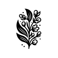 Stylized Monochrome Floral Illustration: Detailed Black Ink Blooming Branch with Leaves and Dots, Isolated on White Background.