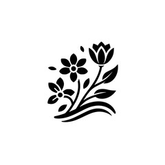 Stylized Black and White Floral Illustration: A monochromatic botanical arrangement featuring a diverse selection of blossoms, leaves, and flowing elements against a stark, neutral background.