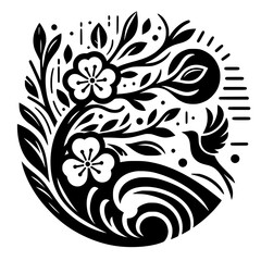 Intricate black and white floral illustration, featuring cherry blossoms, a bird in flight, a stylized sun and flowing water elements, within a circular composition.