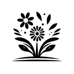 A minimalist black and white floral design featuring stylized daisies, leaves, and decorative elements, set against a pristine white background.