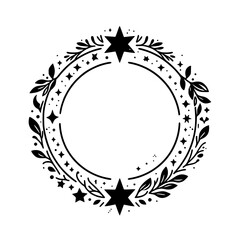 Intricate Black and White Circular Floral Wreath with Starry Accents on a White Background, Featuring Leaves, Branches, and Starry Details.
