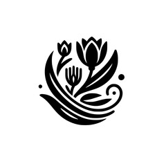 Intricate black and white floral logo design featuring stylized tulips, leaves, and decorative elements in a circular arrangement, set against a clean white background.