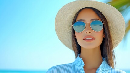 Fototapeta premium Young woman in summer outfit, sunglasses and straw hat against blue sky with space for text and palm trees.