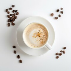 Fototapeta premium Delightful cappuccino in a white cup surrounded by coffee beans in a minimalistic setting