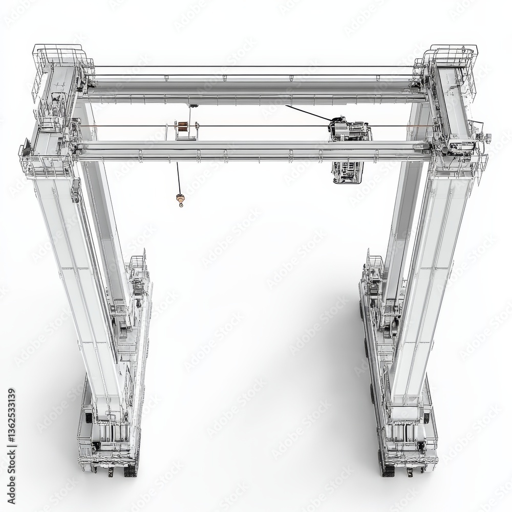Poster overhead gantry crane: a detailed view of an industrial lifting machine isolated on a white backgrou