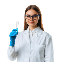 Female scientist in lab coat and glasses holding a test tube with blue liquid. Smiling. Isolated on white. Medical researcher or student. 