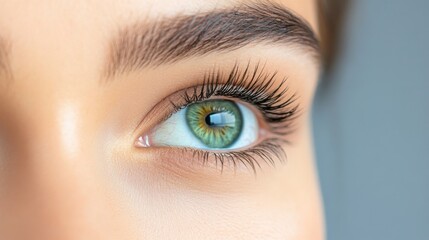 Obraz premium Close-up of part of girl's face with green eye and eyebrow. Close-up of eye, eyebrow and eyelashes.
