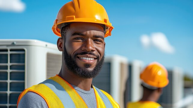 Professional HVAC engineer on the roof of the building in a hard hat.