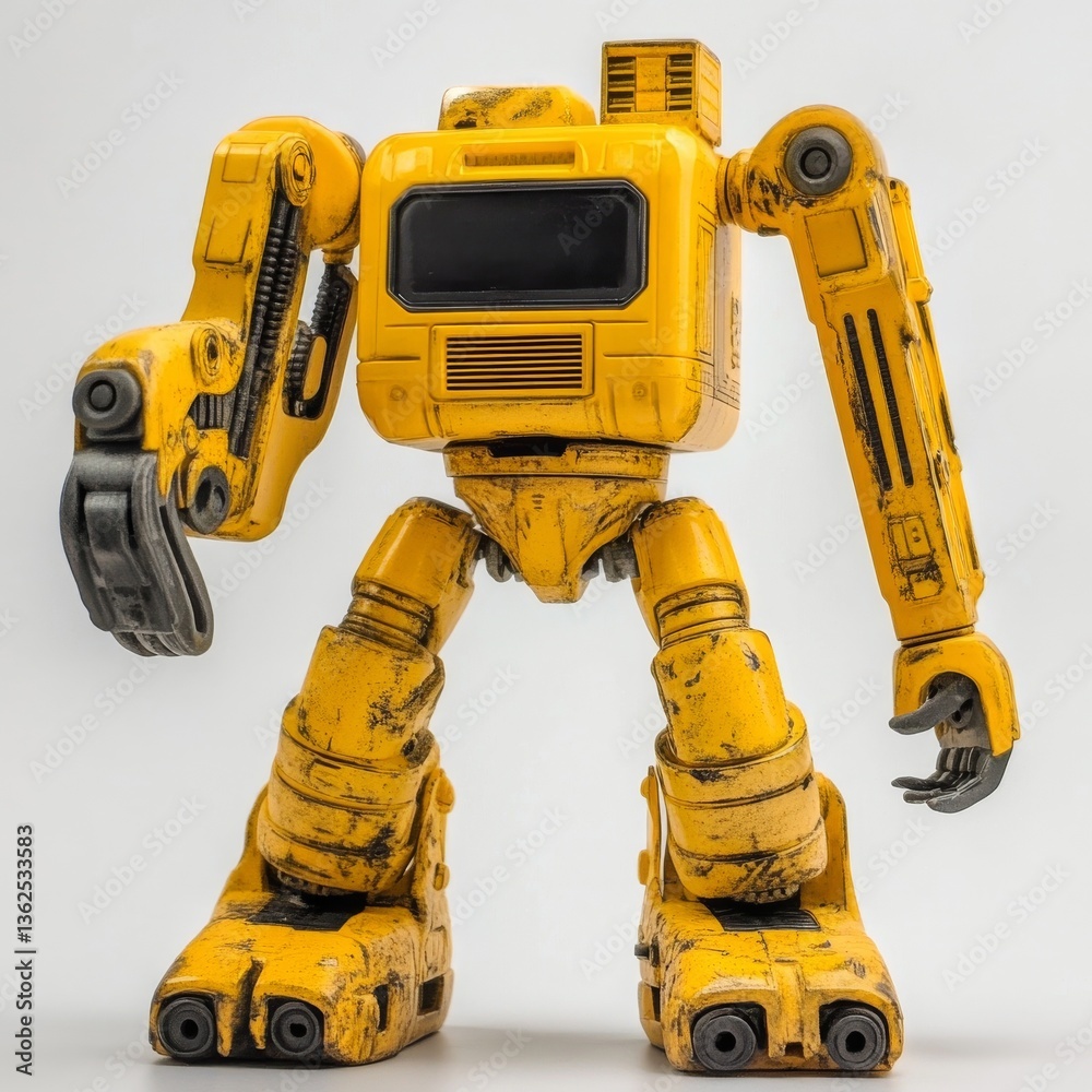 Aufkleber Retro Yellow Robot Standing Tall, Showing Off its Weathered and Heavily Used Condition 