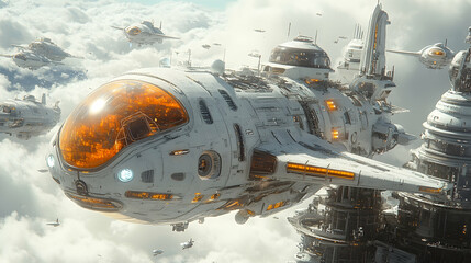 Futuristic aerial vehicle flies through clouds near a tall, complex structure