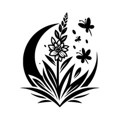 A stylized monochrome floral emblem featuring a central flower, crescent moon, and butterflies, with a clean, minimalist aesthetic.