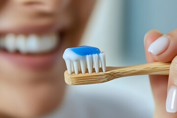 Close-up of a woman applying toothpaste on a bamboo toothbrush with her other hand, smiling at the camera, Generative AI