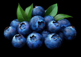 Obraz premium A bunch of blueberries with green leaves on top