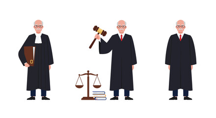 Judge character transformation in flat style vector art depicting legal roles and justice symbols