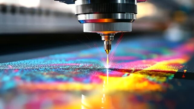 Close-up of a high-tech DTF printer ejecting vibrant ink droplets onto fabric, creating a stunning multicolored textile design with exceptional precision.