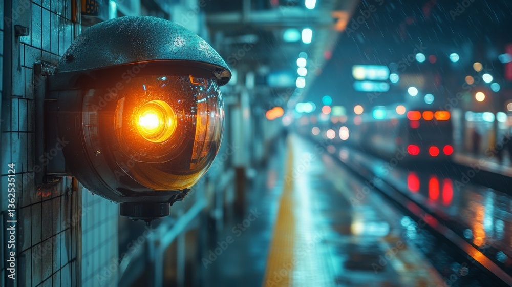 Fototapete a security camera captures activity on a transportation platform under rain at night, ensuring effic